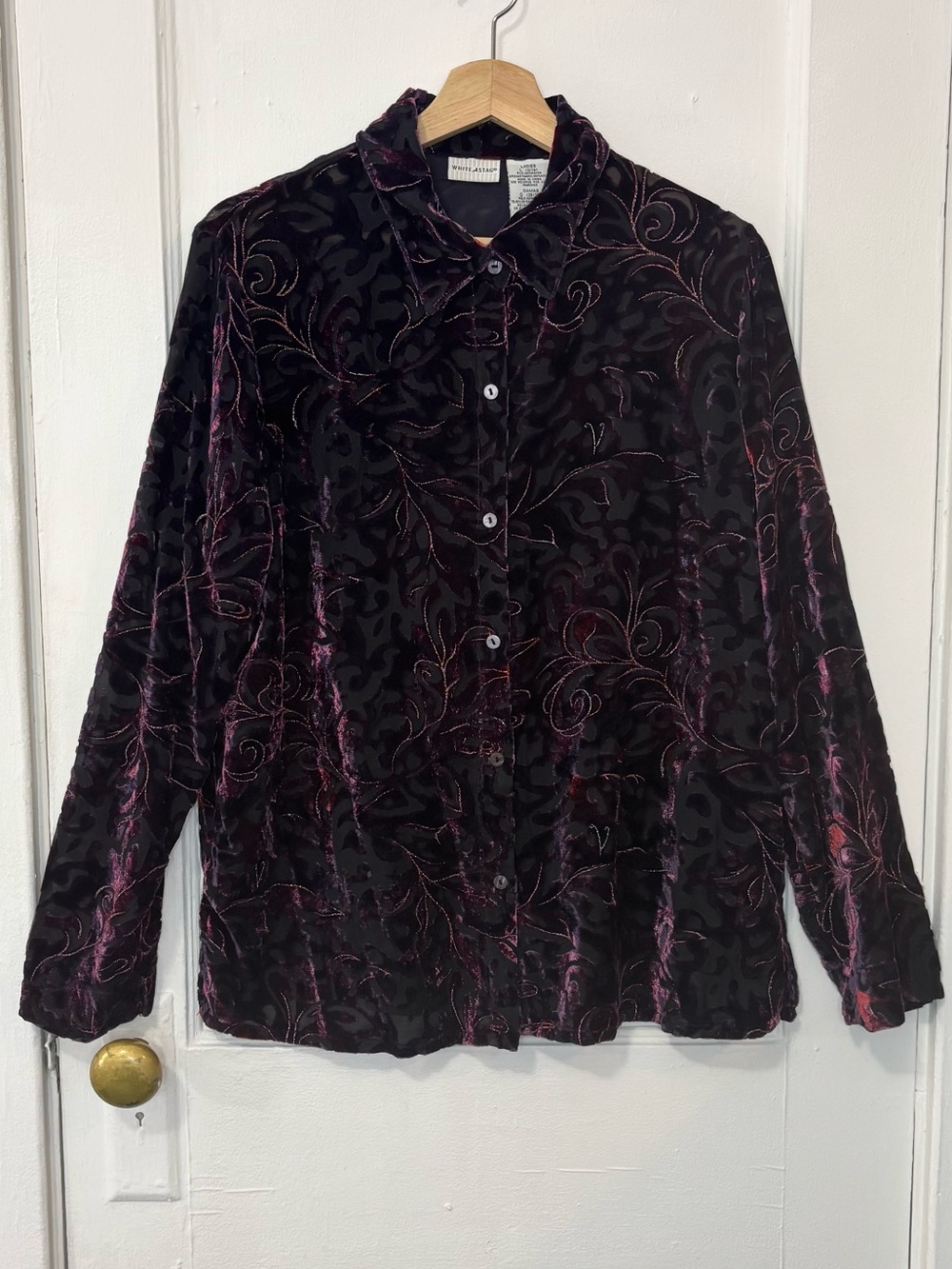 Vintage White Stag Women's Burnout Velvet Button-Up Blouse, Size L, Goth, Witchy